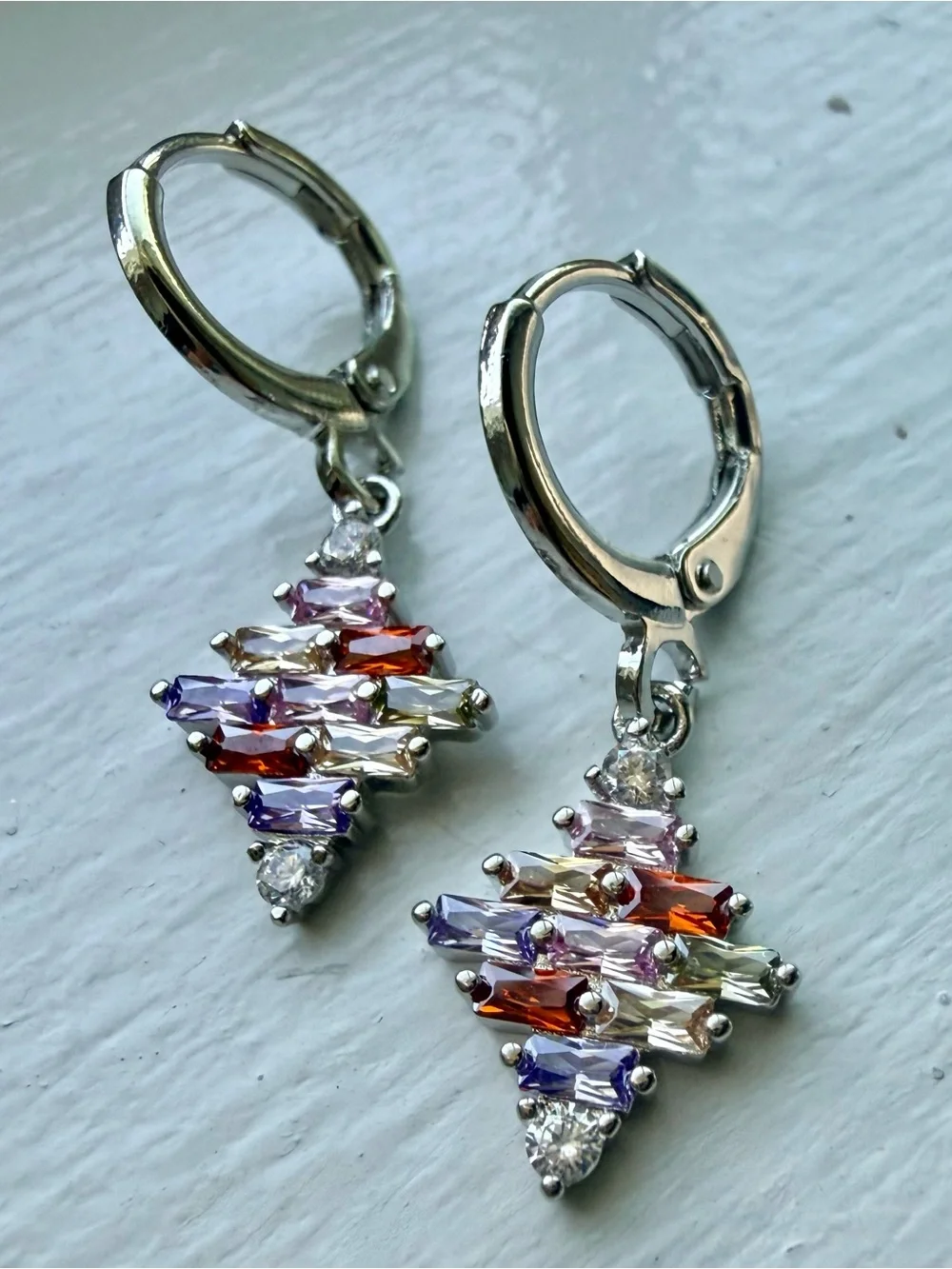 NEW! 14k White Gold Plated with Multicolored Crystal Drop Hoop Earrings